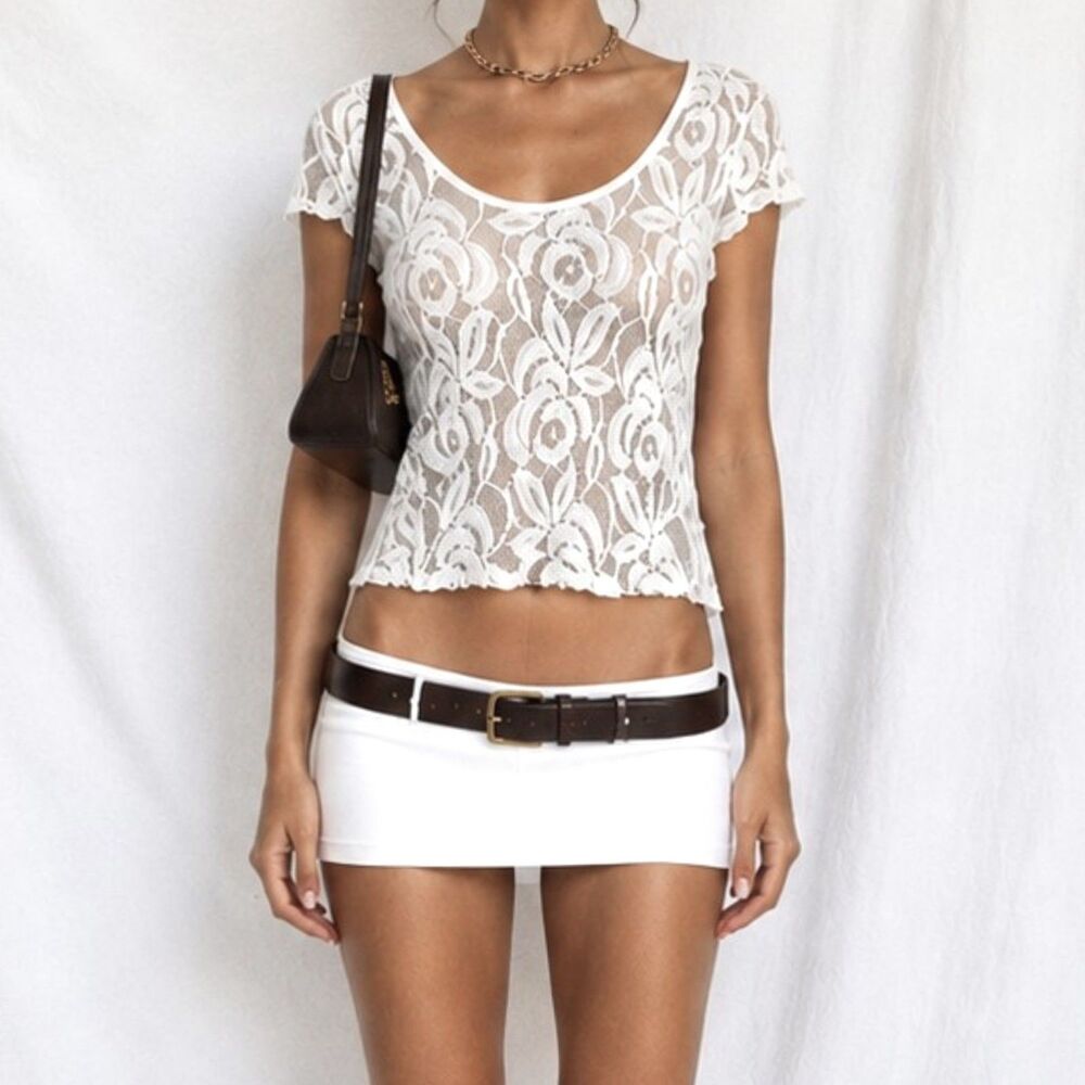 Vintage Y2K White Semi Sheer Floral Lace Print Short Sleeve Knit Top Size XS/S